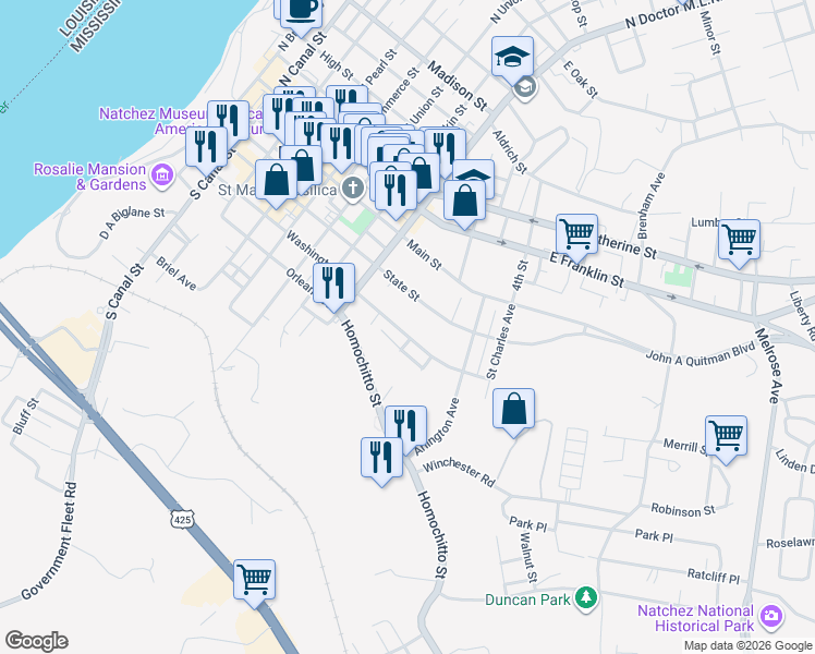 map of restaurants, bars, coffee shops, grocery stores, and more near 302 Lambert Street in Natchez