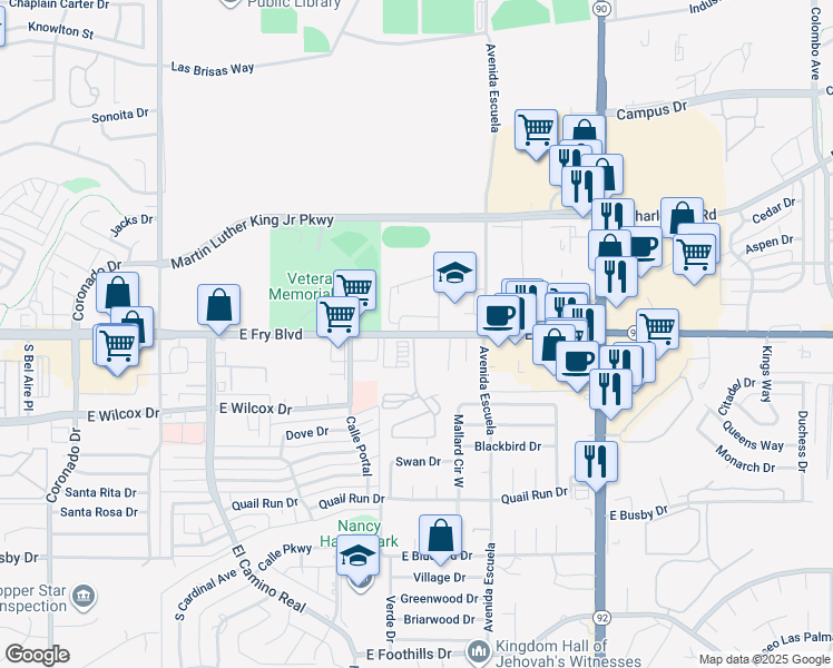 map of restaurants, bars, coffee shops, grocery stores, and more near 3335 East Fry Boulevard in Sierra Vista