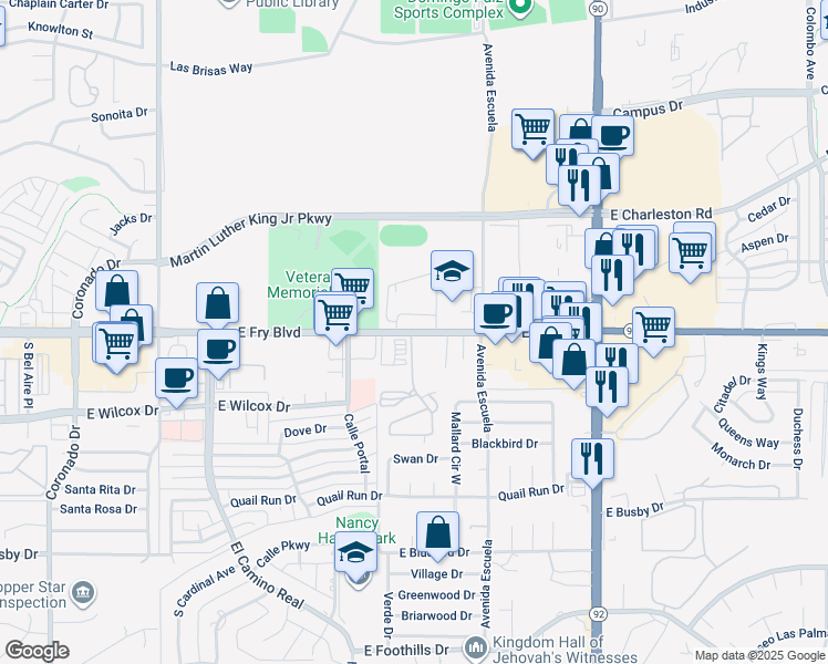 map of restaurants, bars, coffee shops, grocery stores, and more near 3335 East Fry Boulevard in Sierra Vista
