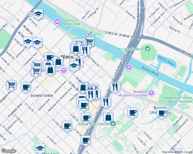map of restaurants, bars, coffee shops, grocery stores, and more near 700 South 4th Street in Waco