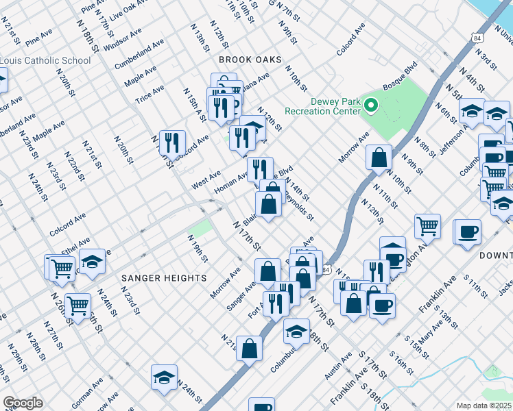 map of restaurants, bars, coffee shops, grocery stores, and more near 833 North 16th Street in Waco
