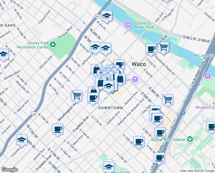 map of restaurants, bars, coffee shops, grocery stores, and more near 210B South 8th Street in Waco