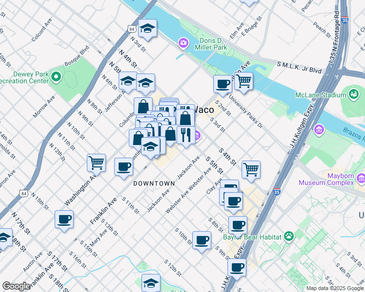 map of restaurants, bars, coffee shops, grocery stores, and more near 225 South 5th Street in Waco