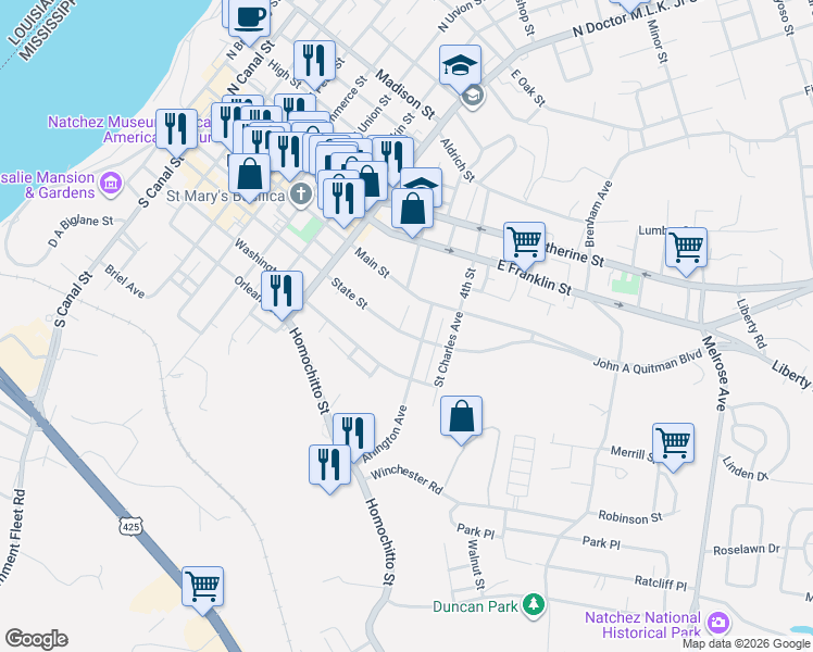 map of restaurants, bars, coffee shops, grocery stores, and more near 909 State Street in Natchez