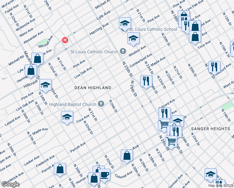 map of restaurants, bars, coffee shops, grocery stores, and more near 2620 Maple Avenue in Waco