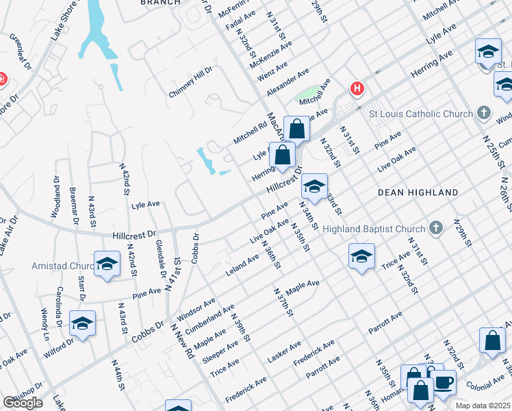 map of restaurants, bars, coffee shops, grocery stores, and more near 3500 Hillcrest Drive in Waco
