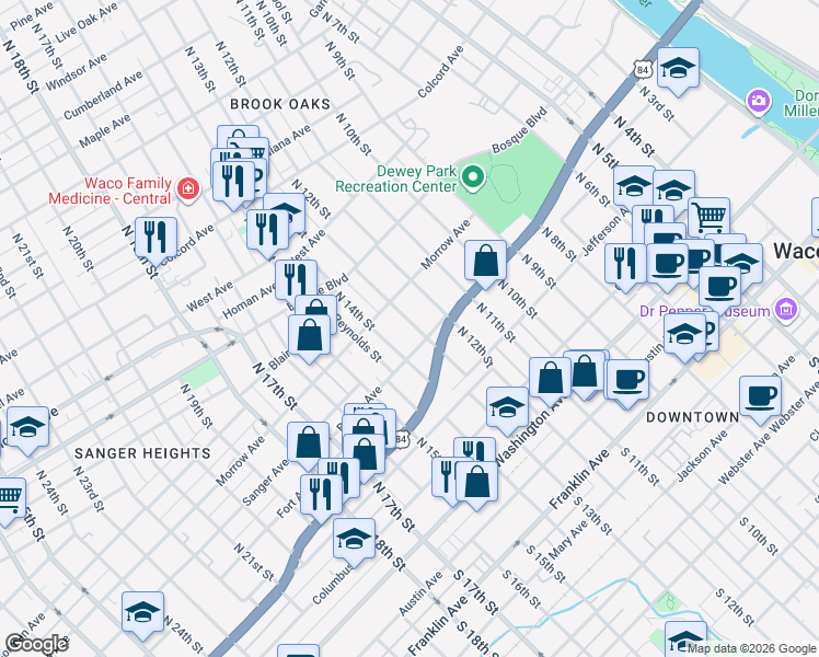 map of restaurants, bars, coffee shops, grocery stores, and more near 729 North 13th Street in Waco