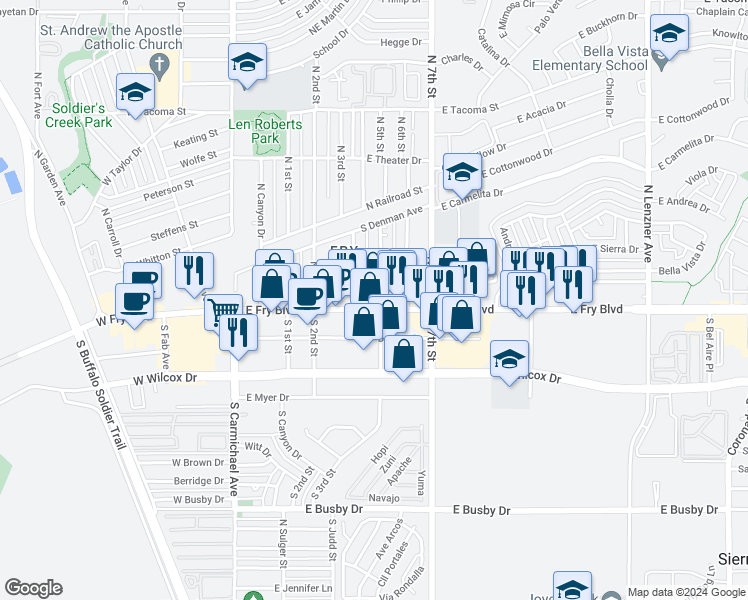 map of restaurants, bars, coffee shops, grocery stores, and more near 573 East Fry Boulevard in Sierra Vista