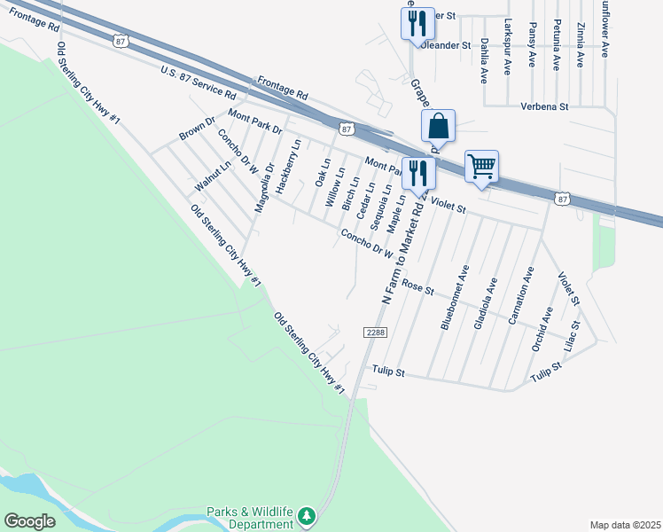 map of restaurants, bars, coffee shops, grocery stores, and more near 8019 Concho Drive West in Grape Creek
