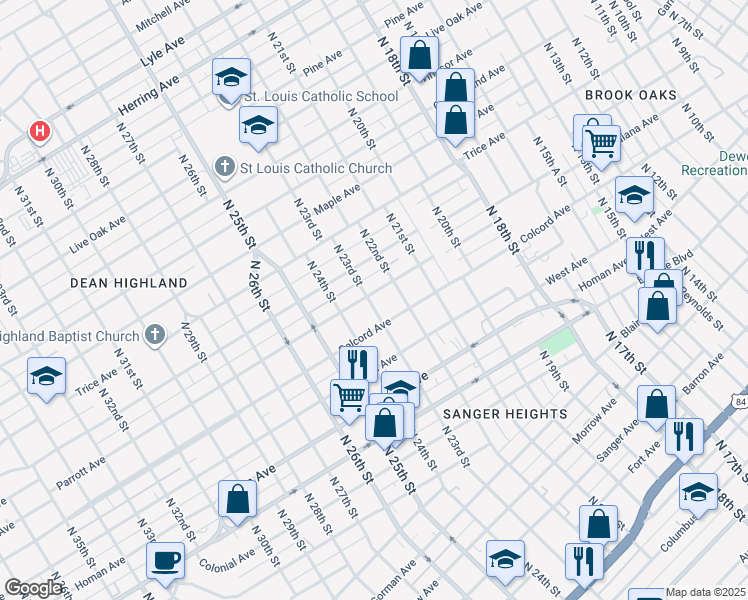 map of restaurants, bars, coffee shops, grocery stores, and more near 1601-1699 North 23rd Street in Waco