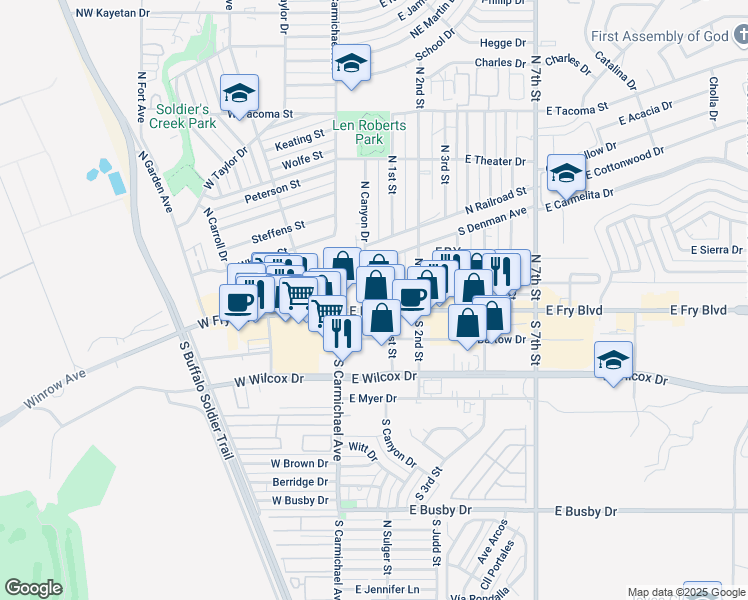 map of restaurants, bars, coffee shops, grocery stores, and more near 125 East Fry Boulevard in Sierra Vista