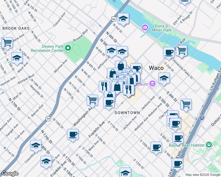 map of restaurants, bars, coffee shops, grocery stores, and more near 194 North 8th Street in Waco