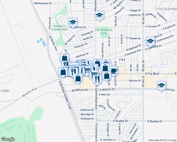 map of restaurants, bars, coffee shops, grocery stores, and more near 201 West Fry Boulevard in Sierra Vista