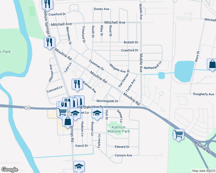 map of restaurants, bars, coffee shops, grocery stores, and more near 714 Moultrie Road in Albany