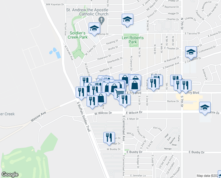 map of restaurants, bars, coffee shops, grocery stores, and more near 51 West Fry Boulevard in Sierra Vista