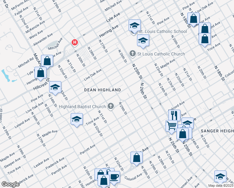 map of restaurants, bars, coffee shops, grocery stores, and more near 2798 Maple Avenue in Waco