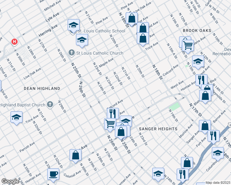 map of restaurants, bars, coffee shops, grocery stores, and more near 1601 North 23rd Street in Waco