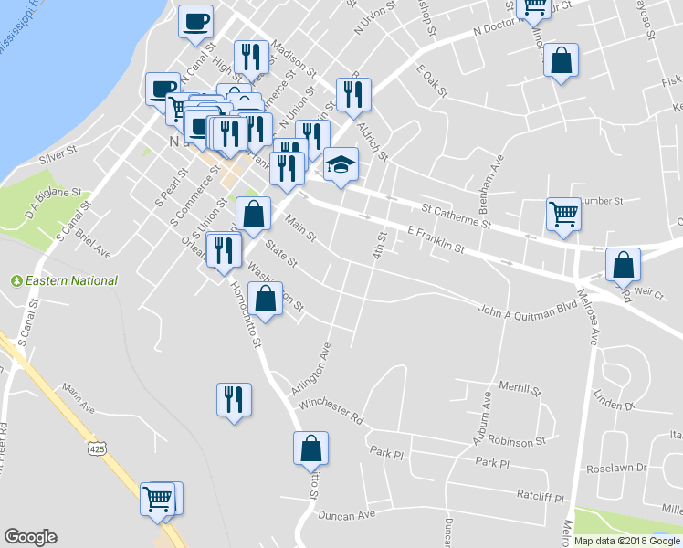 map of restaurants, bars, coffee shops, grocery stores, and more near 106 Arlington Avenue in Natchez