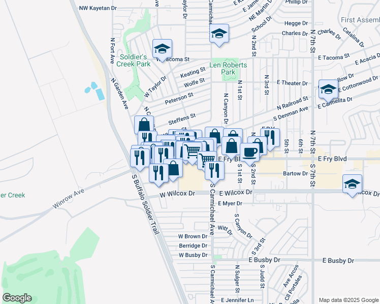 map of restaurants, bars, coffee shops, grocery stores, and more near 51 West Fry Boulevard in Sierra Vista