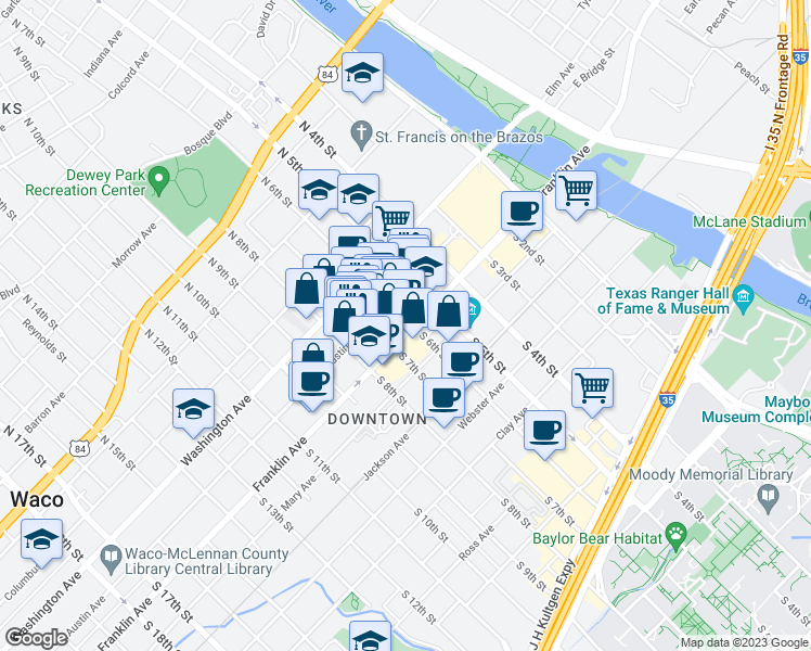 map of restaurants, bars, coffee shops, grocery stores, and more near 601 Franklin Avenue in Waco