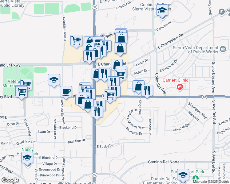 map of restaurants, bars, coffee shops, grocery stores, and more near 4177 Highway 90 in Sierra Vista