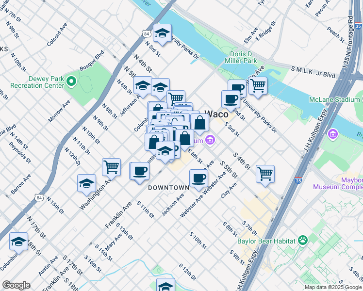 map of restaurants, bars, coffee shops, grocery stores, and more near 51 South 6th Street in Waco