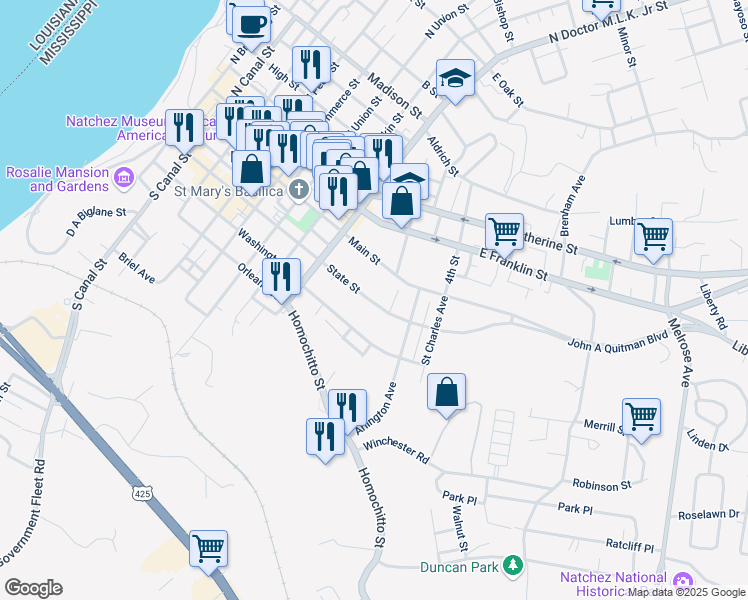 map of restaurants, bars, coffee shops, grocery stores, and more near 909 State Street in Natchez