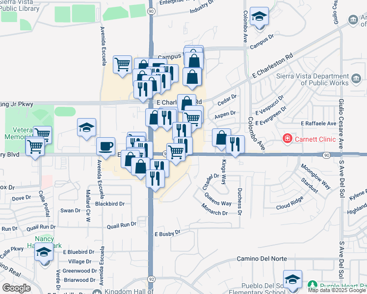 map of restaurants, bars, coffee shops, grocery stores, and more near 4177 State Highway 90 in Sierra Vista