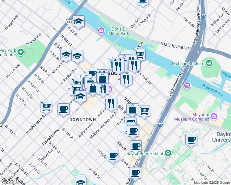 map of restaurants, bars, coffee shops, grocery stores, and more near 324 South 4th Street in Waco