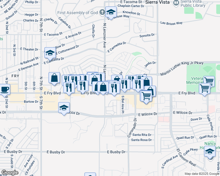 map of restaurants, bars, coffee shops, grocery stores, and more near 1151 East Fry Boulevard in Sierra Vista