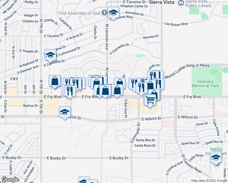map of restaurants, bars, coffee shops, grocery stores, and more near 1151 East Fry Boulevard in Sierra Vista