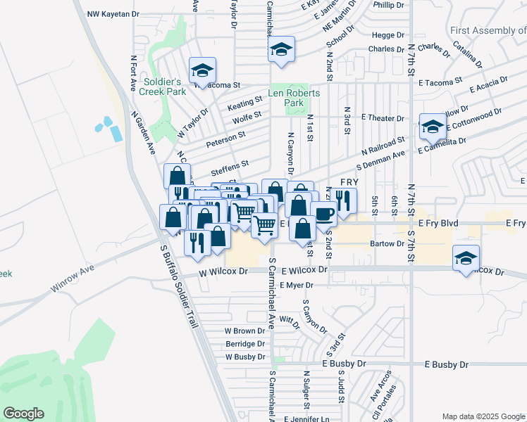 map of restaurants, bars, coffee shops, grocery stores, and more near 51 West Fry Boulevard in Sierra Vista