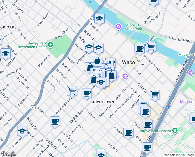 map of restaurants, bars, coffee shops, grocery stores, and more near 701 Austin Avenue in Waco