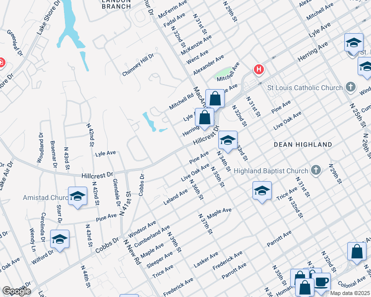 map of restaurants, bars, coffee shops, grocery stores, and more near 3500 Hillcrest Drive in Waco