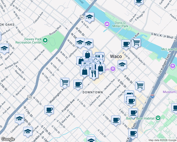 map of restaurants, bars, coffee shops, grocery stores, and more near 701 Austin Avenue in Waco