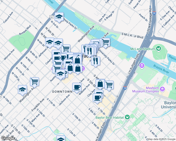map of restaurants, bars, coffee shops, grocery stores, and more near 324 South 4th Street in Waco