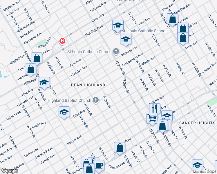 map of restaurants, bars, coffee shops, grocery stores, and more near 2720 Maple Avenue in Waco