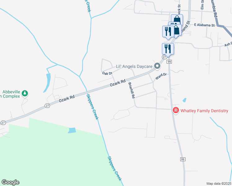 map of restaurants, bars, coffee shops, grocery stores, and more near 403 Ozark Road in Abbeville