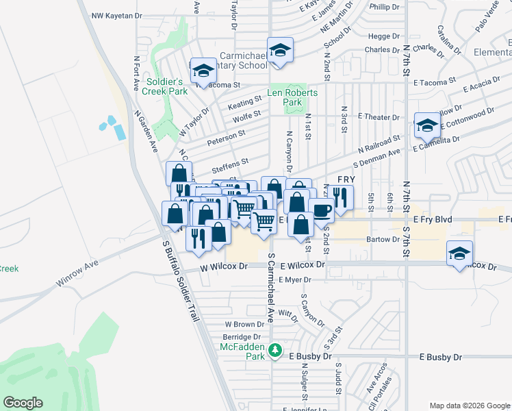 map of restaurants, bars, coffee shops, grocery stores, and more near 51 West Fry Boulevard in Sierra Vista