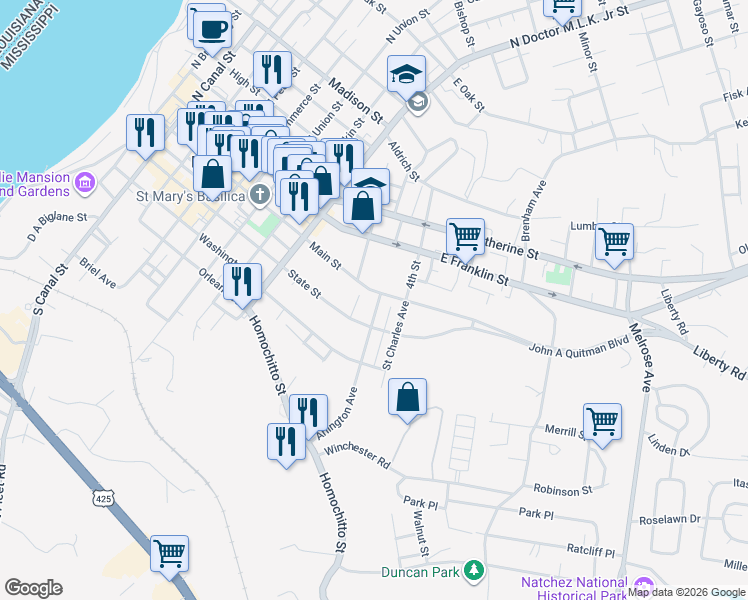 map of restaurants, bars, coffee shops, grocery stores, and more near 106 Arlington Avenue in Natchez