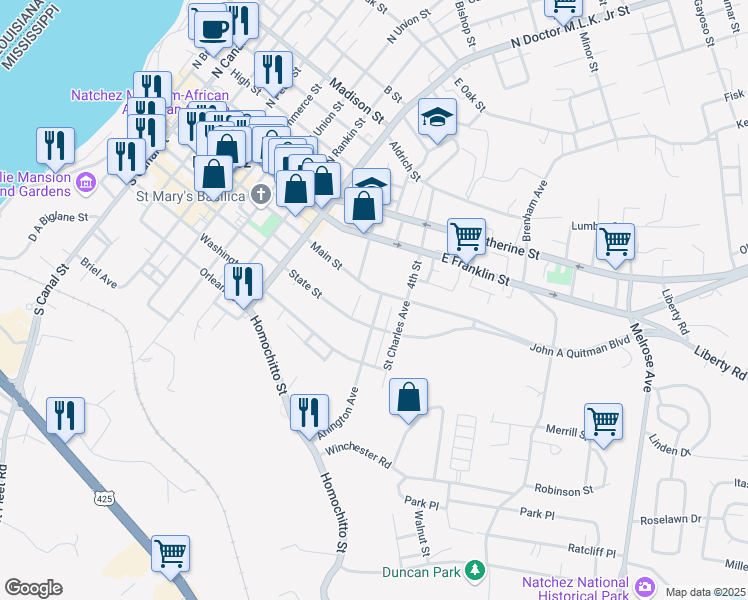 map of restaurants, bars, coffee shops, grocery stores, and more near 1016 Main Street in Natchez