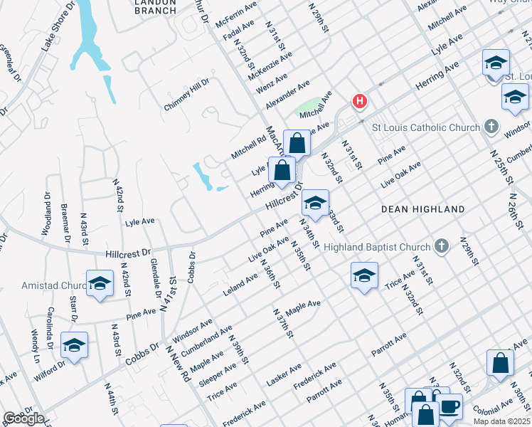 map of restaurants, bars, coffee shops, grocery stores, and more near 3500 Hillcrest Drive in Waco