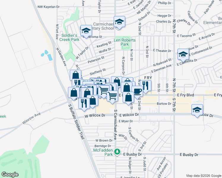 map of restaurants, bars, coffee shops, grocery stores, and more near 51 West Fry Boulevard in Sierra Vista