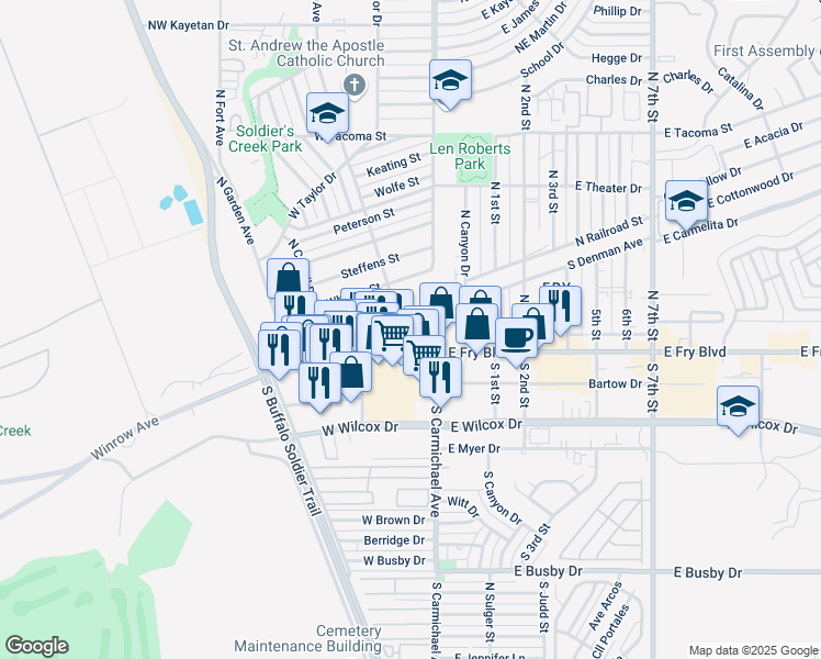 map of restaurants, bars, coffee shops, grocery stores, and more near 51 West Fry Boulevard in Sierra Vista