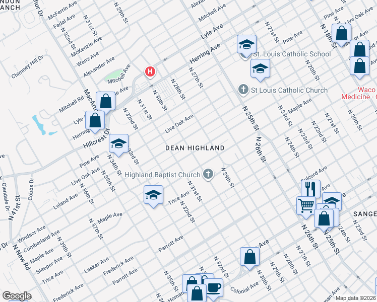 map of restaurants, bars, coffee shops, grocery stores, and more near 3001 Cumberland Avenue in Waco