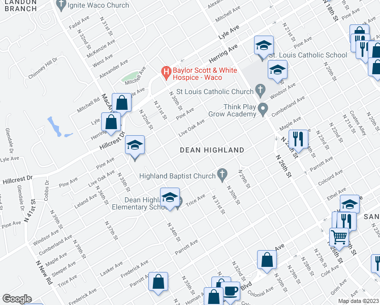 map of restaurants, bars, coffee shops, grocery stores, and more near 3026 Windsor Avenue in Waco