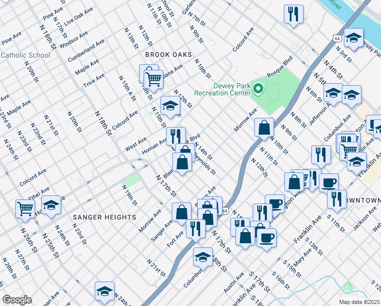 map of restaurants, bars, coffee shops, grocery stores, and more near 920 Reynolds Street in Waco