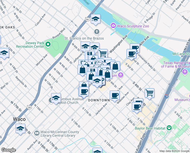 map of restaurants, bars, coffee shops, grocery stores, and more near 701 Austin Avenue in Waco