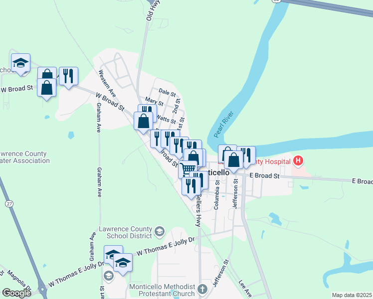 map of restaurants, bars, coffee shops, grocery stores, and more near 309 Brookhaven Street in Monticello