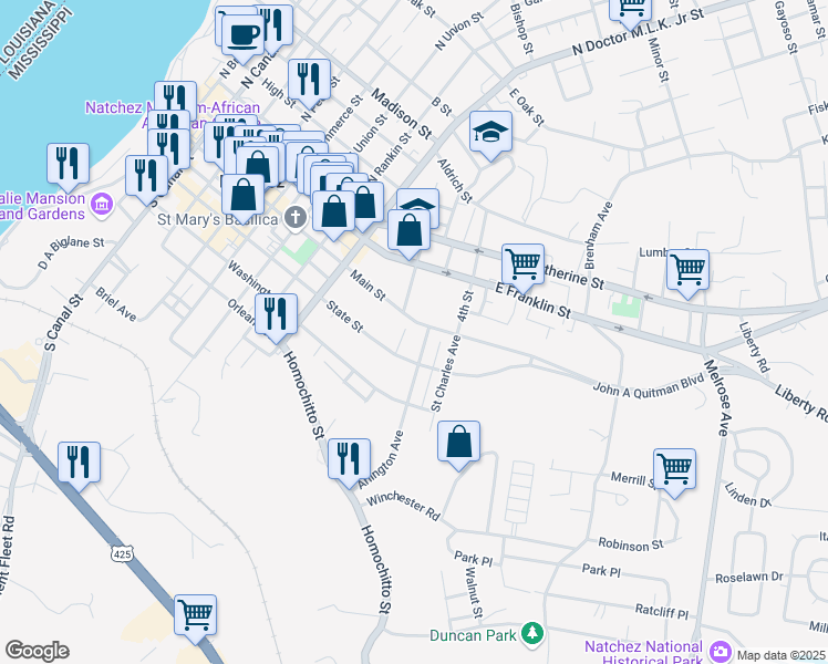 map of restaurants, bars, coffee shops, grocery stores, and more near 1016 Main Street in Natchez